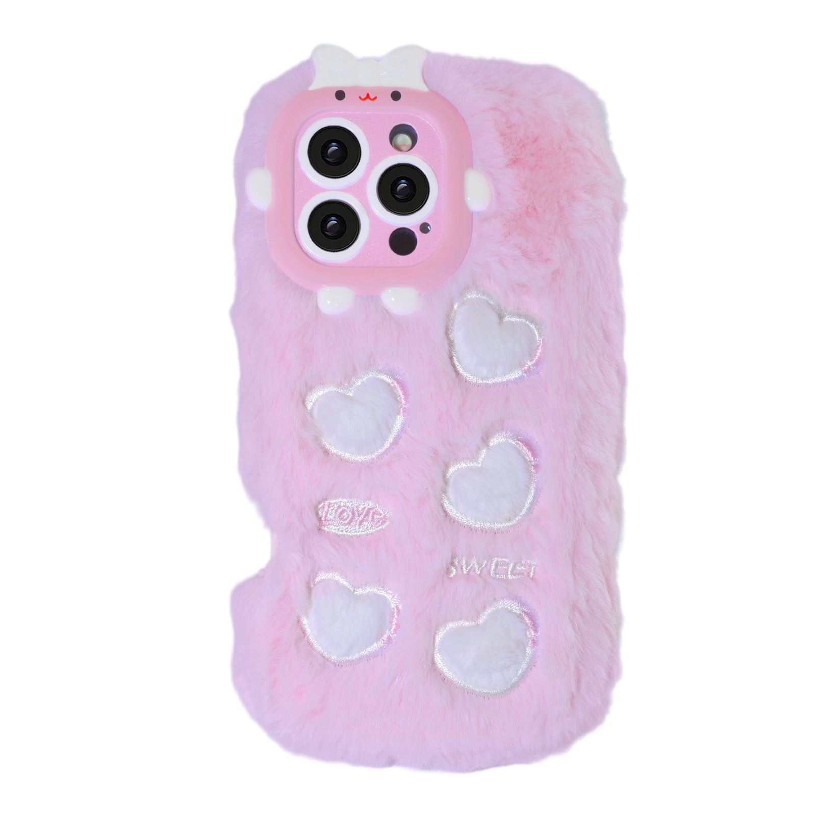 Pink Plush Silicone Phone Case with Five Hearts for iPhone 16 Pro Max – Soft Furry Cute Protective Cover