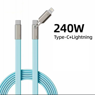  240W 2-in-1 Charging Cable  for iPhone and USB-C Devices - 1.2m Silicone Data Cable, Light Blue