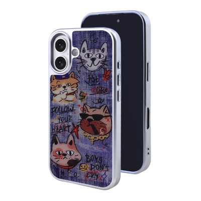 Denim Style Graffiti Cat Magnetic Case for iPhone 17 - Electroplated Frame Protective Phone Cover