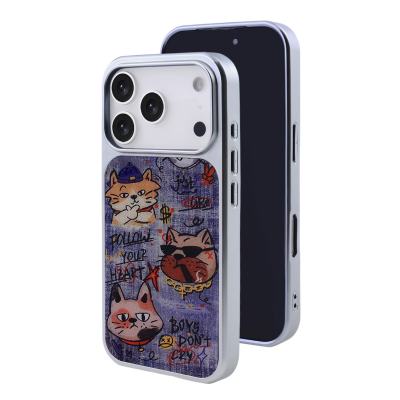 Denim Style Graffiti Cat Magnetic Case for iPhone 17 Pro - Electroplated Frame Protective Phone Cover