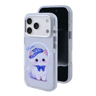 Clear Magnetic Phone Case for iPhone 17 Pro Max - Cute White Cat with Blue Plaid Hat Design