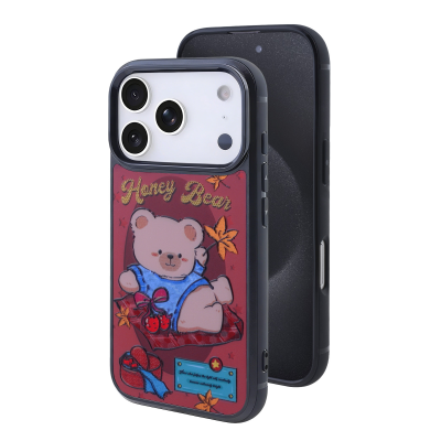 Maroon Magnetic Honey Bear Case for iPhone 17 Pro - Cute Bear in Blue Sparkly Outfit & Fall Leaves Print