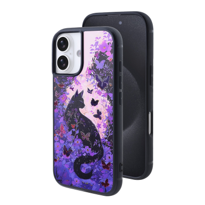 Mysterious Cat and Purple Flowers Print Magnetic Case for iPhone 17