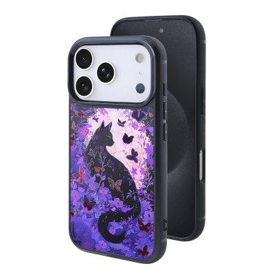 Mysterious Cat and Purple Flowers Print Magnetic Case for iPhone 17 Pro