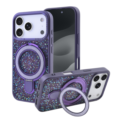  Glitter Magnetic Stand Phone Case for iPhone 17 Pro Max - Sparkly Rhinestone Design, Purple