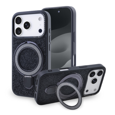  Glitter Magnetic Stand Phone Case for iPhone 17 Pro Max - Sparkly Rhinestone Design, Black