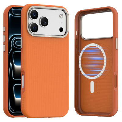  Matte Grid Texture Case for iPhone 17 Pro - Metal Camera Frame & Magnetic Charging Support, Orange