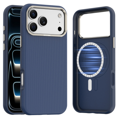  Matte Grid Texture Case for iPhone 17 Pro - Metal Camera Frame & Magnetic Charging Support, Blue