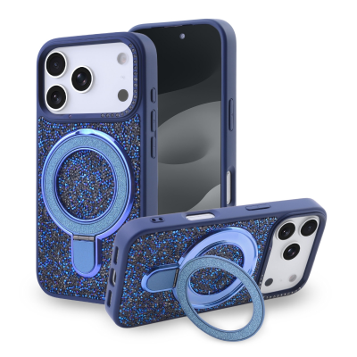  Glitter Magnetic Stand Phone Case for iPhone 17 Pro - Sparkly Rhinestone Design, Dark Blue