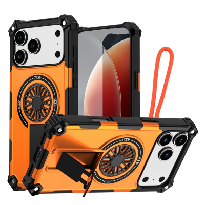  Rugged Magnetic Case with Foldable Kickstand & Wrist Strap for iPhone 17 Pro Max, Orange