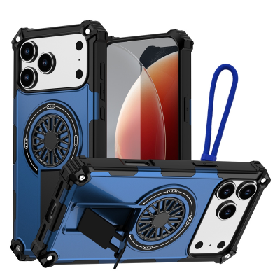  Rugged Magnetic Case with Foldable Kickstand & Wrist Strap for iPhone 17 Pro, Blue