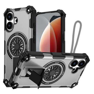 Rugged Magnetic Case with Foldable Kickstand & Wrist Strap for iPhone 17, Gray