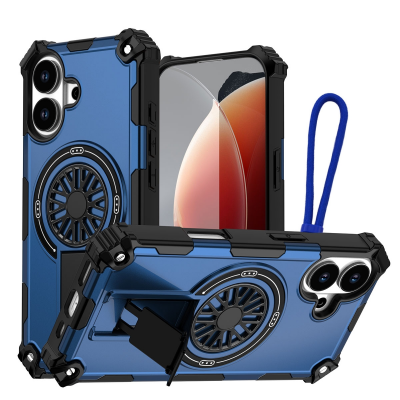 Rugged Magnetic Case with Foldable Kickstand & Wrist Strap for iPhone 17, Blue