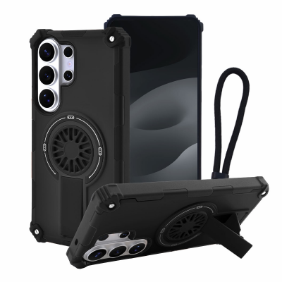 Rugged Magnetic Case with Foldable Kickstand & Wrist Strap for S26 Ultra, Black