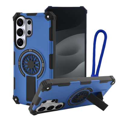  Rugged Magnetic Case with Foldable Kickstand & Wrist Strap for S26 Ultra, Blue