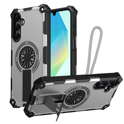 Rugged Magnetic Case with Foldable Kickstand & Wrist Strap for S26 Plus, Gray