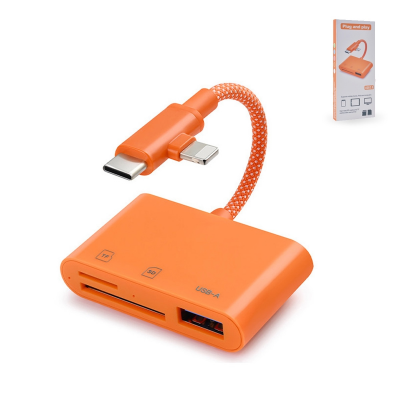 Universal SD or TF Card Reader and OTG Hub for Multi-Port Camera and Moblie, Orange