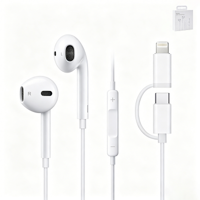  Universal Wired EarPods - Compatible with iPhone and USB-C Devices, White