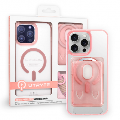  Magnetic Case for iPhone 16 Pro with Card Hold and Lanyard, Translucent Matte Slim Shockproof Compatible with Magnetic- Pink
