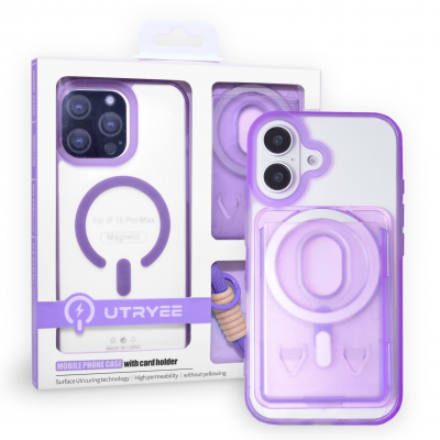 Magnetic Case for iPhone 16 with Card Hold and Lanyard, Translucent Matte Slim Shockproof Compatible with Magnetic - Purple