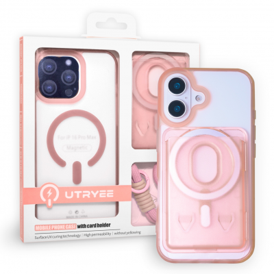  Magnetic Case for iPhone 16 with Card Hold and Lanyard, Translucent Matte Slim Shockproof Compatible with Magnetic - Pink