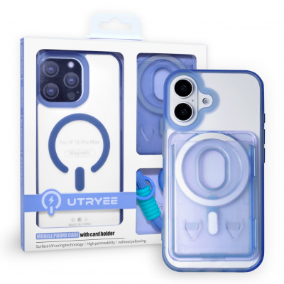  Magnetic Case for iPhone 16 with Card Hold and Lanyard, Translucent Matte Slim Shockproof Compatible with Magnetic - Blue