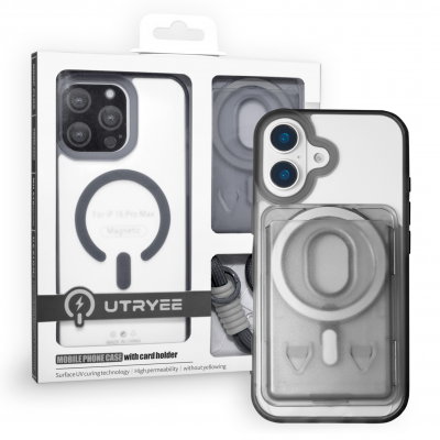  Magnetic Case for iPhone 16 with Card Hold and Lanyard, Translucent Matte Slim Shockproof Compatible with Magnetic - Black