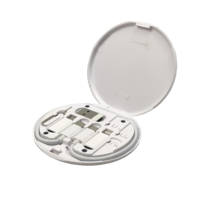 round plastic travel tech organizer with multi-function adapters - white