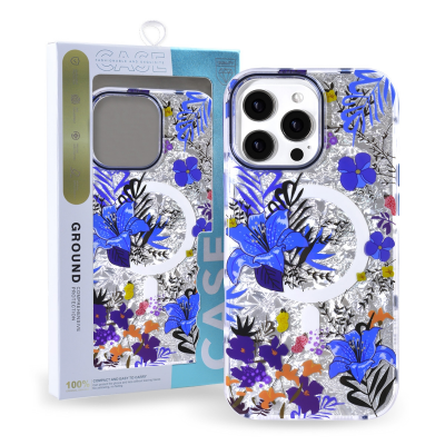 iphone 15 pro magsafe floral case blue