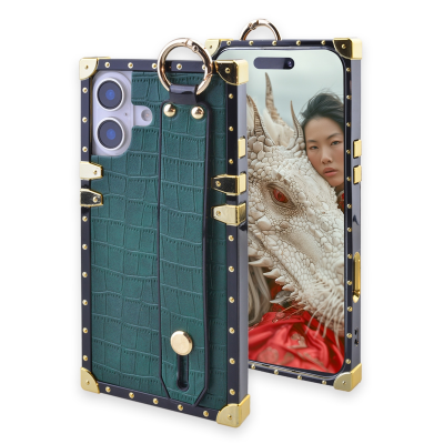 Compatible with iPhone 16 Plus Case Designer,Luxury Rectangle Crocodile Leather with Wrist Strap Kickstand Holder Protective Girly Women Phone Cover for 16 Plus - 6.7 inch(Green)