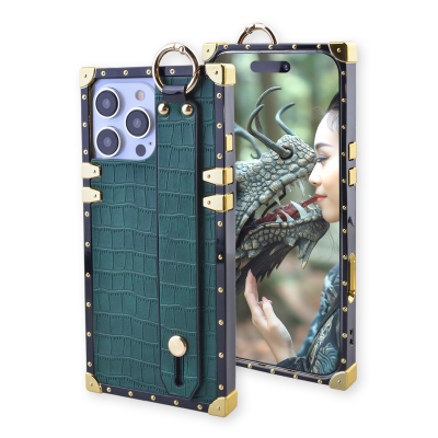  Compatible with iPhone 16 Pro Case Designer Luxury,Rectangle Crocodile Leather with Wristband Strap Kickstand Holder Protective Girly Women Phone Cover for 16 Pro - 6.3 inch (Green)