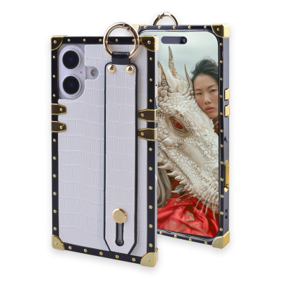  Compatible with iPhone 16 Plus Case Designer,Luxury Rectangle Crocodile Leather with Wrist Strap Kickstand Holder Protective Girly Women Phone Cover for 16 Plus - 6.7 inch(White)