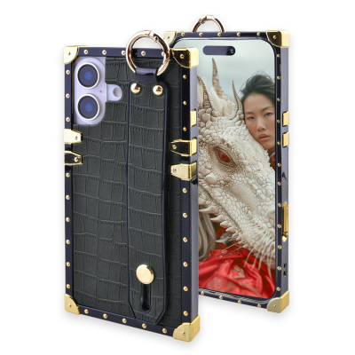  Compatible with iPhone 16 Plus Case Designer,Luxury Rectangle Crocodile Leather with Wrist Strap Kickstand Holder Protective Girly Women Phone Cover for 16 Plus - 6.7 inch(Black)