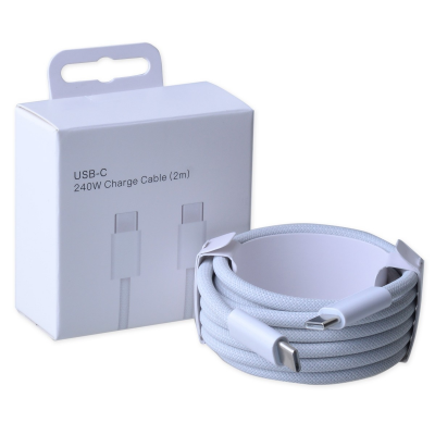 white braided usb-c to usb-c charging cable coiled next to its retail packaging box