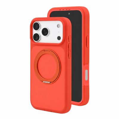  2-Layer Shockproof Magnetic Phone Case with 360° Rotatable Ring Kickstand for iPhone 17 Pro, Orange
