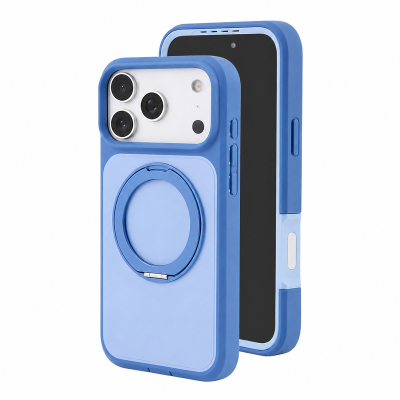  2-Layer Shockproof Magnetic Phone Case with 360° Rotatable Ring Kickstand for iPhone 17 Pro, Light Blue