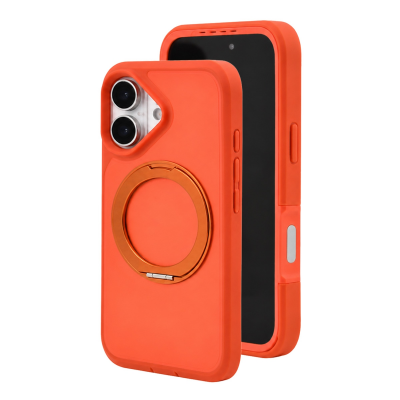  2-Layer Shockproof Magnetic Phone Case with 360° Rotatable Ring Kickstand for iPhone 17, Orange