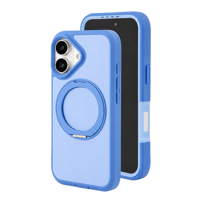  2-Layer Shockproof Magnetic Phone Case with 360° Rotatable Ring Kickstand for iPhone 17, Light Blue