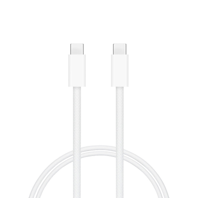 white braided usb-c to usb-c charging cable coiled next to its retail packaging box