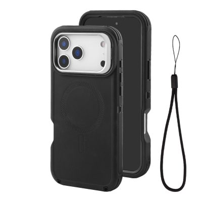  3-Layer Shockproof Magnetic Case for iPhone 18 Pro Max with Kickstand and Lanyard, Black
