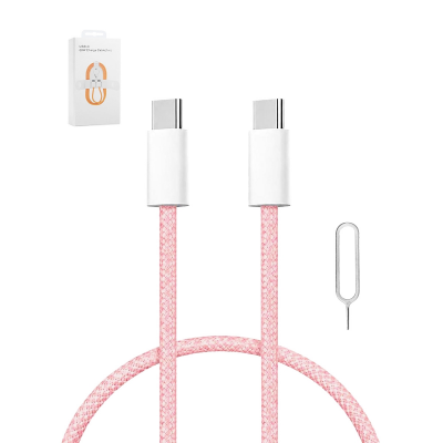 3ft 60W Fast Charging USB-C to USB-C Cable with SIM Eject Pin, Light Pink