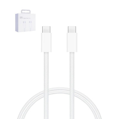 white braided usb-c to usb-c charging cable coiled next to its retail packaging box