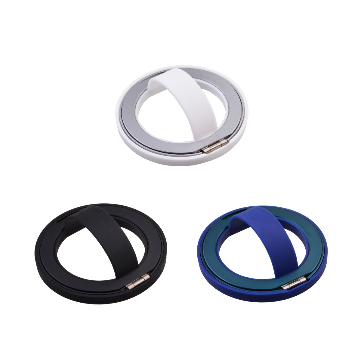 Three colors of a magnetic phone grip stand with a folding finger strap: white/silver, black, and blue/teal.