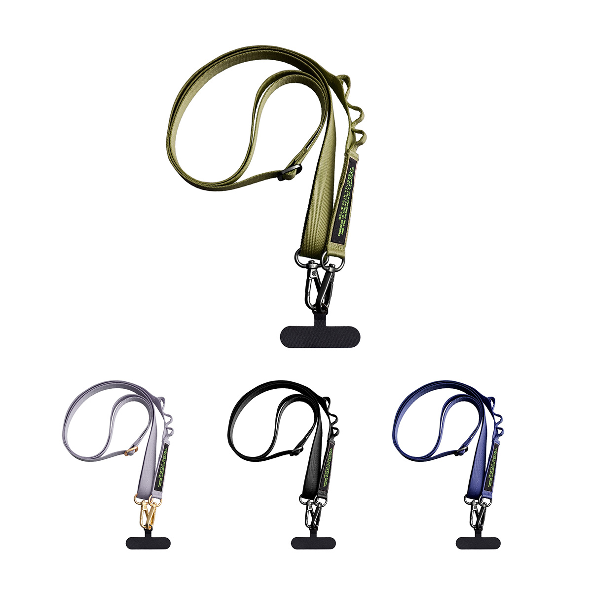 Adjustable Crossbody Phone Lanyard color options: military green, gray, black, and dark blue, compatible with most smartphones.