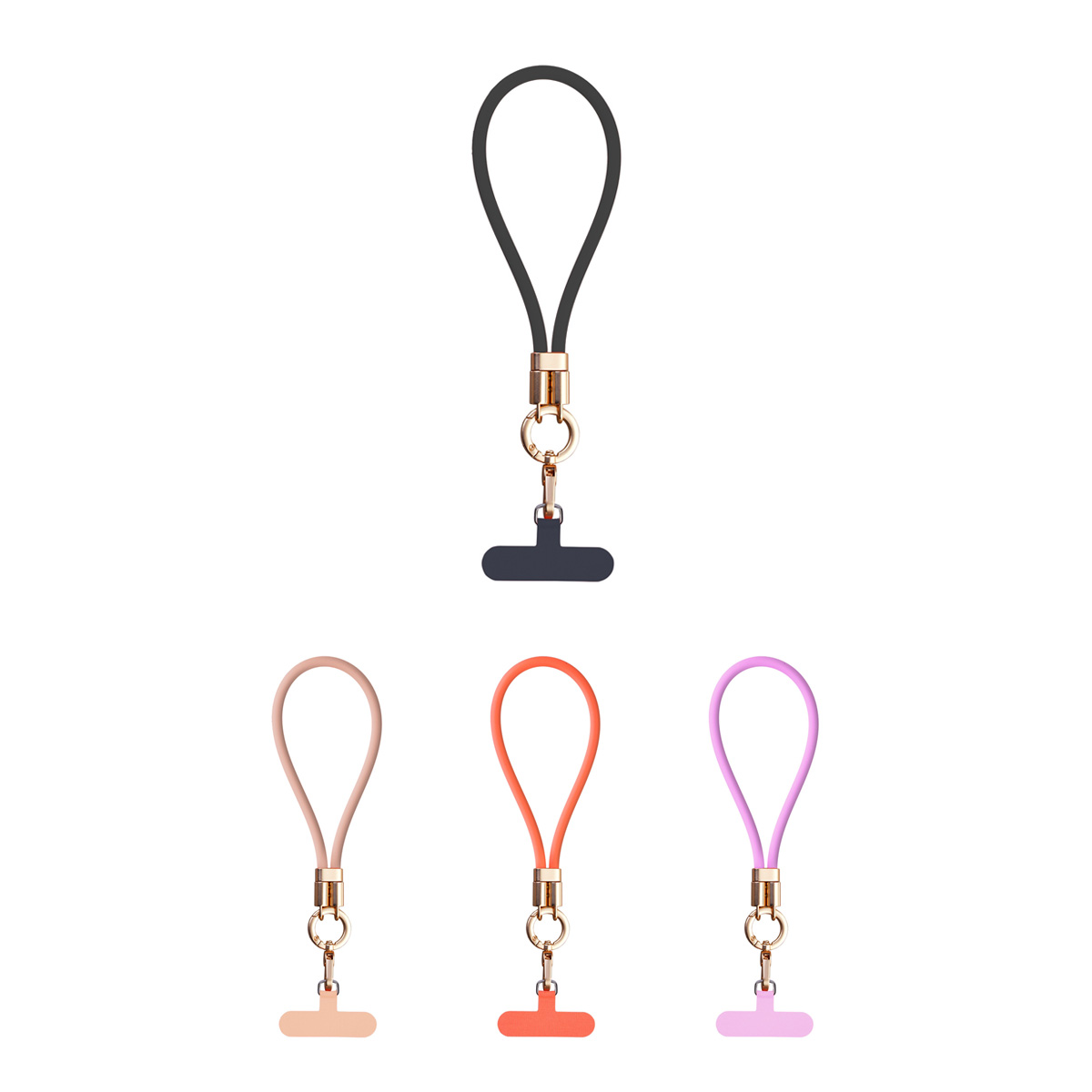 Image showing four phone wrist strap kits with anchor tabs in black, pink, orange, and purple, featuring a golden clasp.
