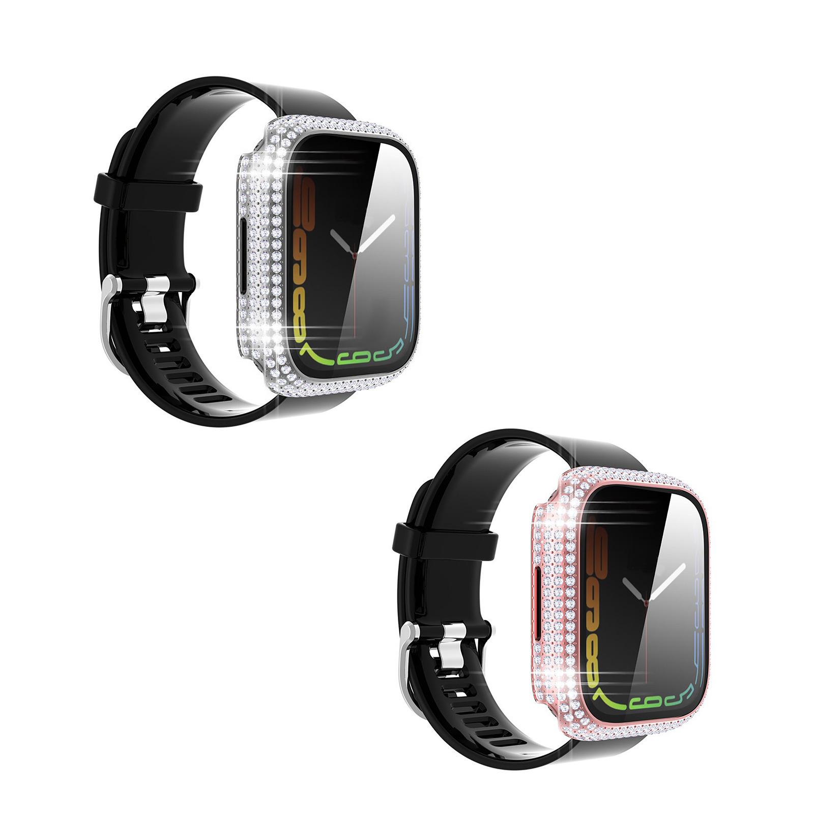 PC Case with Diamonds and Tempered Glass for Apple Watch 45mm, in silver and rose gold.