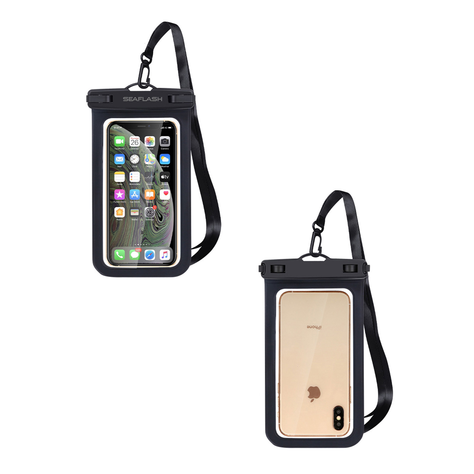 Black Waterproof Phone Pouch with clear window and neck lanyard.