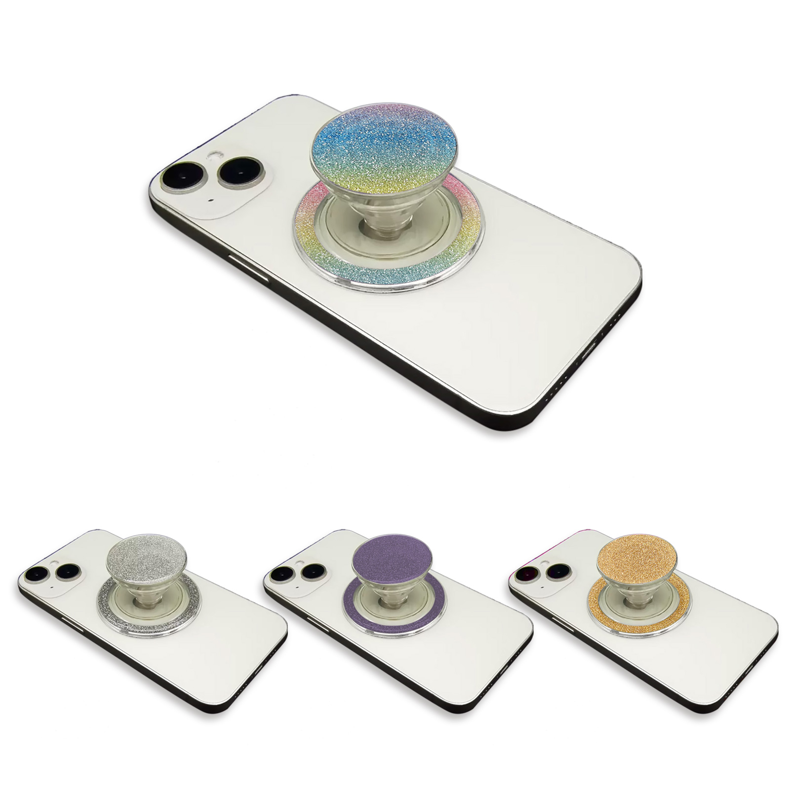 Glitter Magnetic Phone Grip and Stand in rainbow, silver, purple, and gold