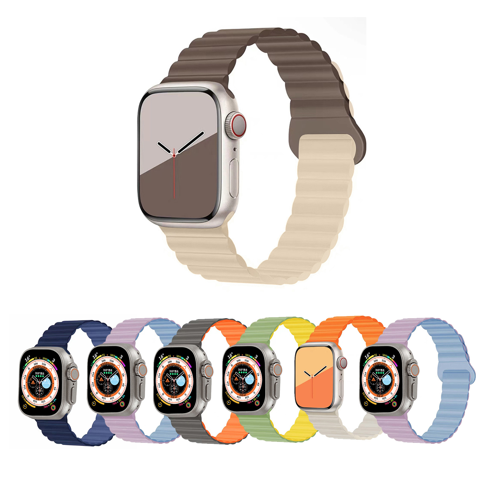 Sport Silicone Magnetic Apple Watch Band 42-49mm in multiple colors, featuring a wave texture.