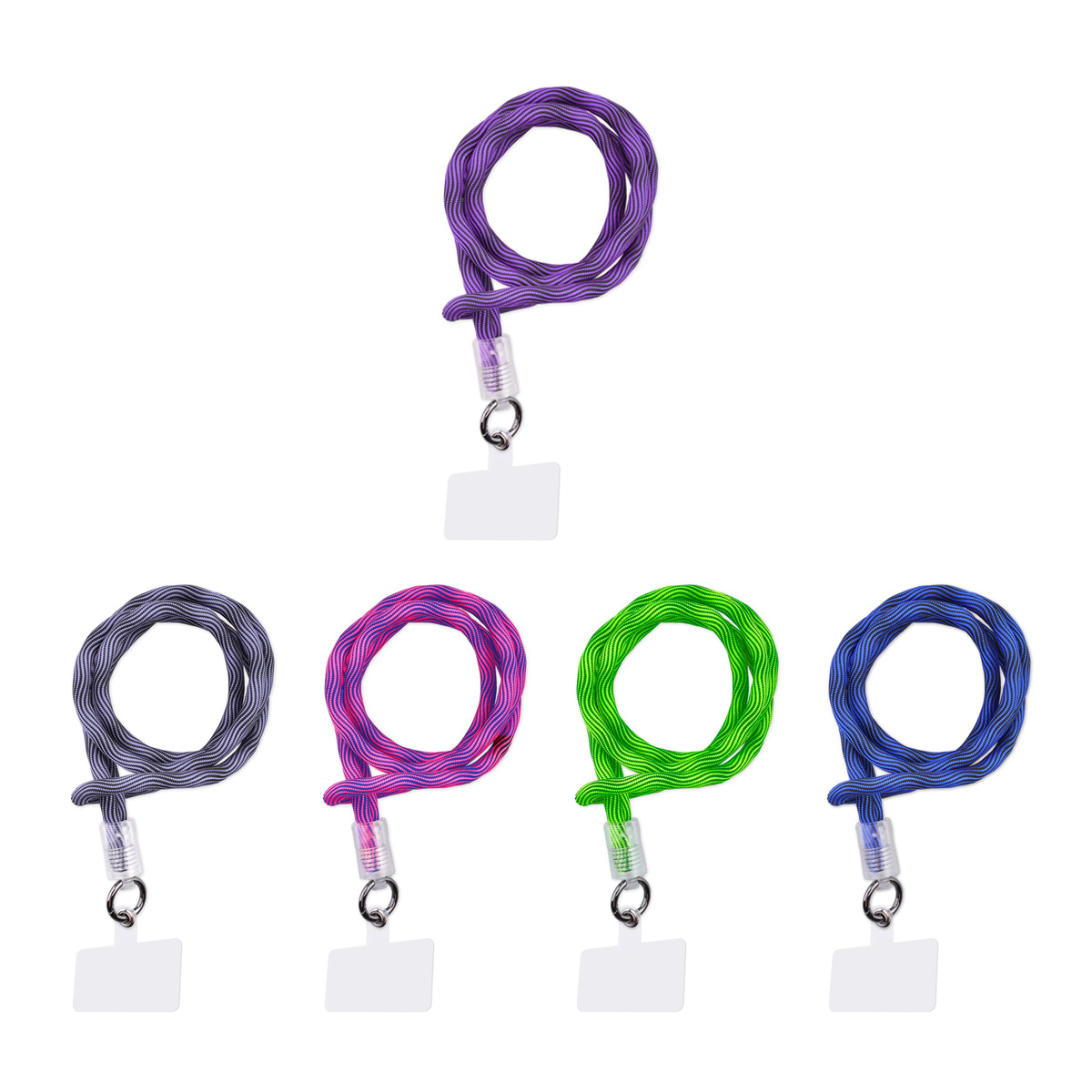 Adjustable coiled phone lanyard and wristband with a transparent tether tab and ID clip. Shown in purple, gray, magenta, green, and blue color options.